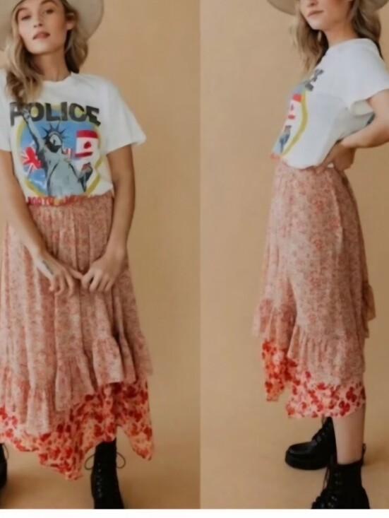 Free People Dresses & Skirts - Free People Size 4 Zuma Drippy Boho Cottage Floral Tiered Midi Skirt in Pink